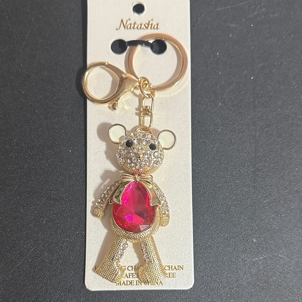 Natasha teddy bear pink glass stone keychain and bag charm